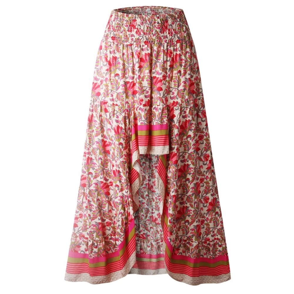 Boho Gypsy Floral Print High Low Maxi Skirt (Red) - Picture 4 of 7